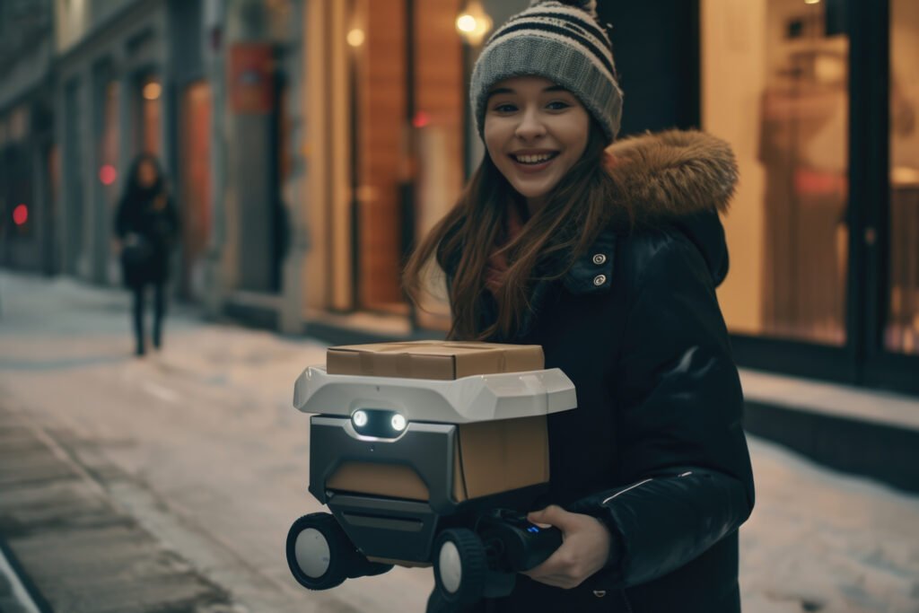 adult person interacting with futuristic delivery robot