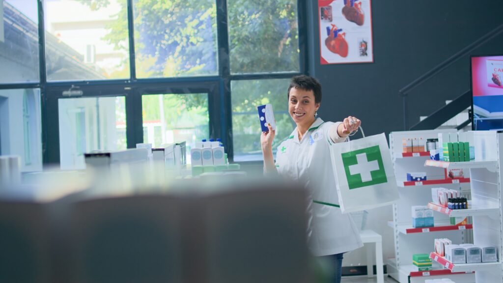 pharmacist providing products to clients