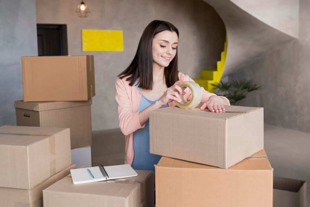smiley woman preparing boxes shipment