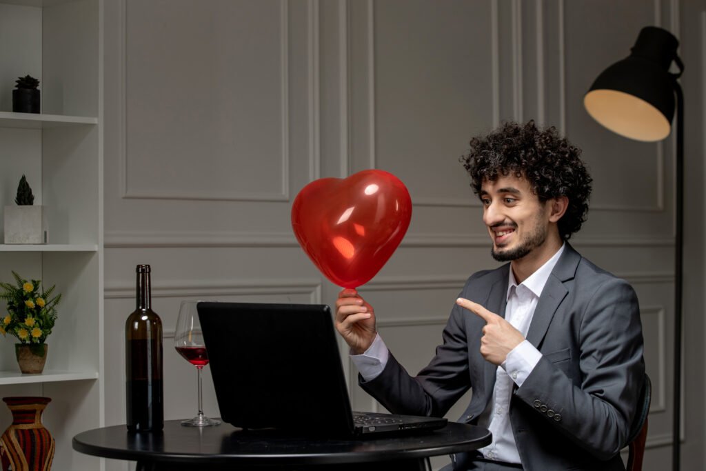 virtual love handsome cute guy suit with wine distance computer date pointing balloon