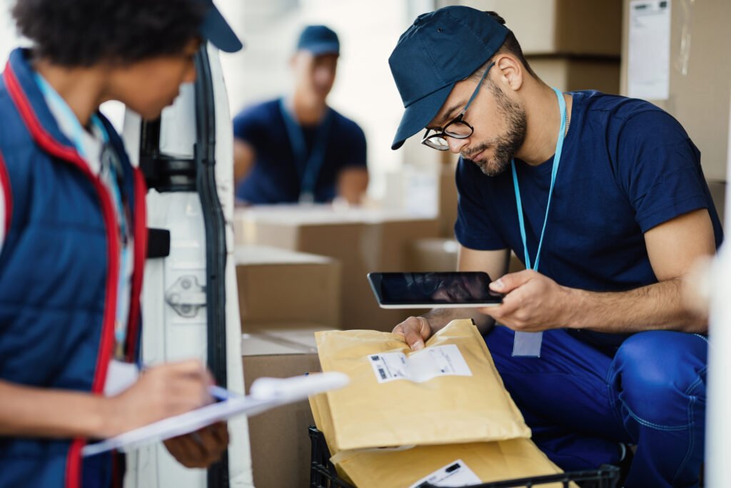 two workers preparing packages for delivery and scanning bar cod